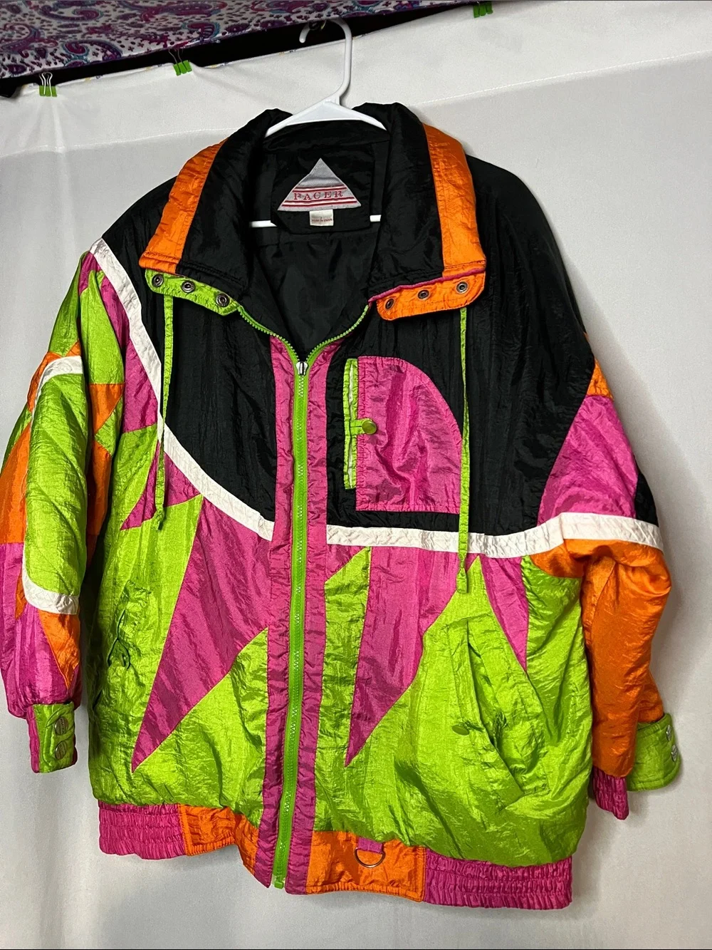 Vintage Neon Colorblock Men’s Large Jacket — Pink, Lime & Orange PTP 27”-Flawed